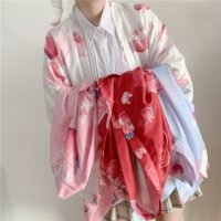 Prendas de abrigo estilo kimono tipo cárdigan holgado con estampado de fresas kawaii japonés