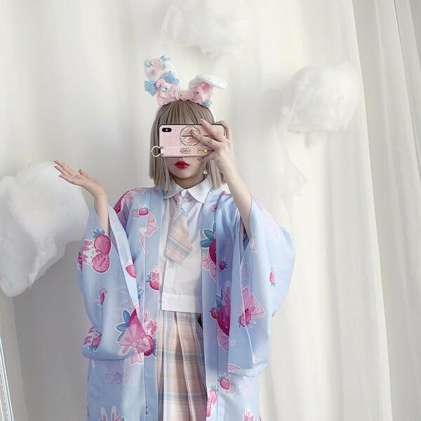 Strawberry Print Lös kofta Kimono Ytterkläder japansk kawaii