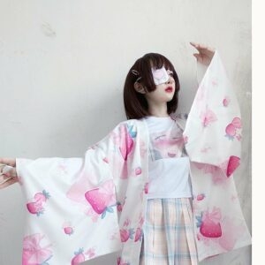 Lose Cardigan-Kimono-Oberbekleidung mit Erdbeer-Print Japanisches Kawaii