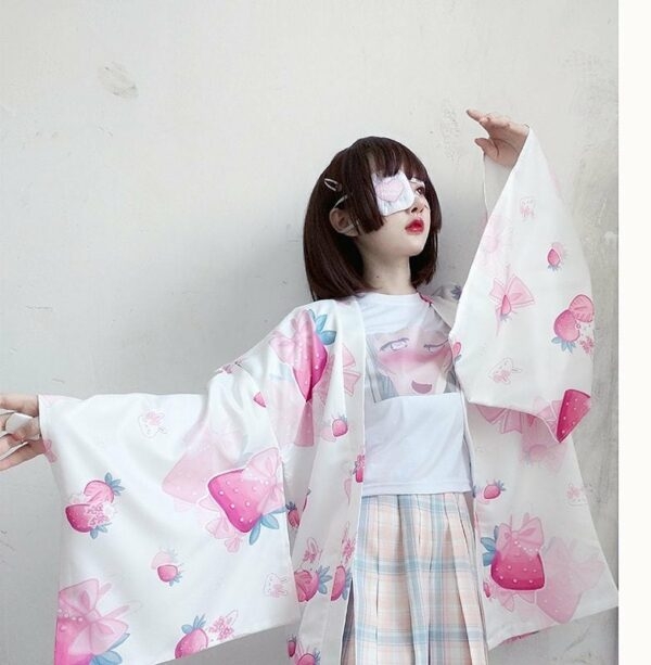Strawberry Print Lös kofta Kimono Ytterkläder japansk kawaii