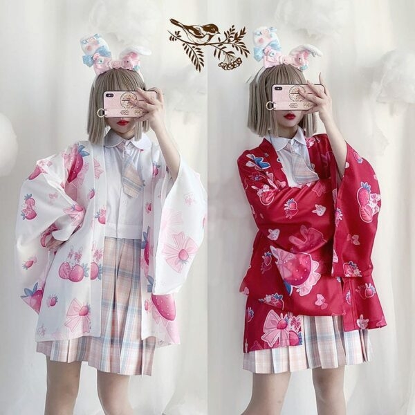 Cardigan ample imprimé fraise, vêtements d'extérieur kimono Kawaii japonais
