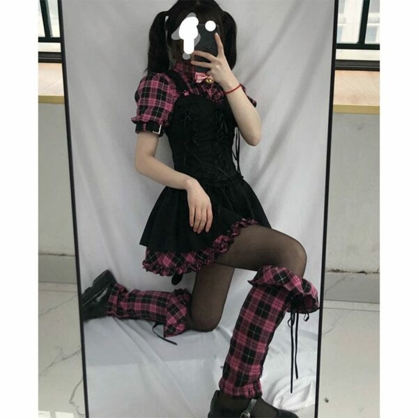 Lolita roze geruite midi-jurk met korte mouwen en bandjes Harajuku-kawaii