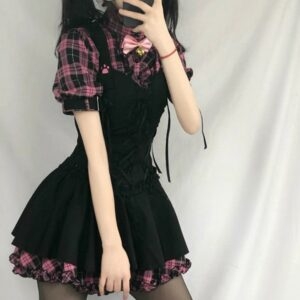 Lolita Rosa Xadrez Manga Curta Alça Midi Vestido Harajuku kawaii