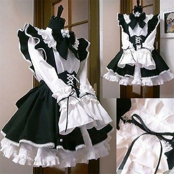 Vestido lolita unissex preto e branco com babados e laço Vestidos lolita kawaii