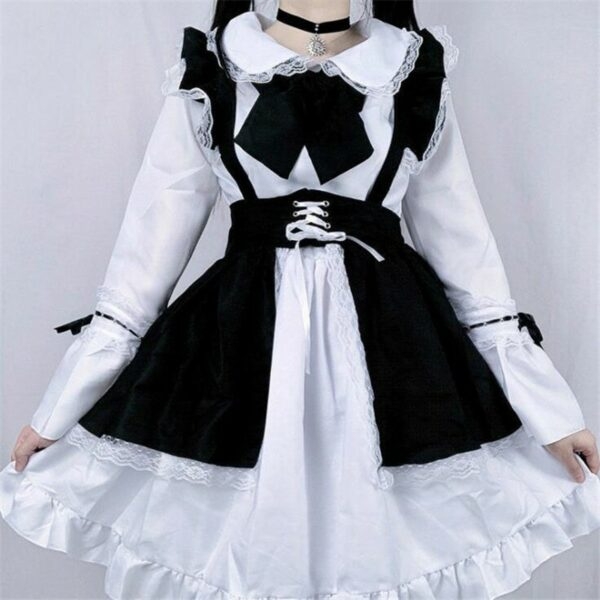 黒と白のユニセックスリボンフリルメイドロリータドレスロリータドレスかわいい