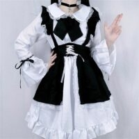 Czarno-biała sukienka pokojówka Lolita z kokardą, unisex Sukienki Lolita kawaii