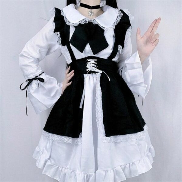 Schwarz-weißes Unisex-Lolita-Kleid mit Schleife und Rüschen Kawaii-Lolita-Kleider