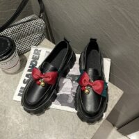 Zapatos de tacón Lolita de cuero PU con punta redonda y lazo negro Arco kawaii