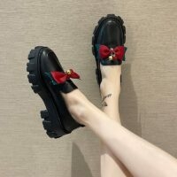 Zapatos de tacón Lolita de cuero PU con punta redonda y lazo negro Arco kawaii