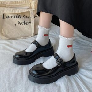 Zapatos académicos de cuero de PU con punta redonda y color negro de Lolita universitaria kawaii