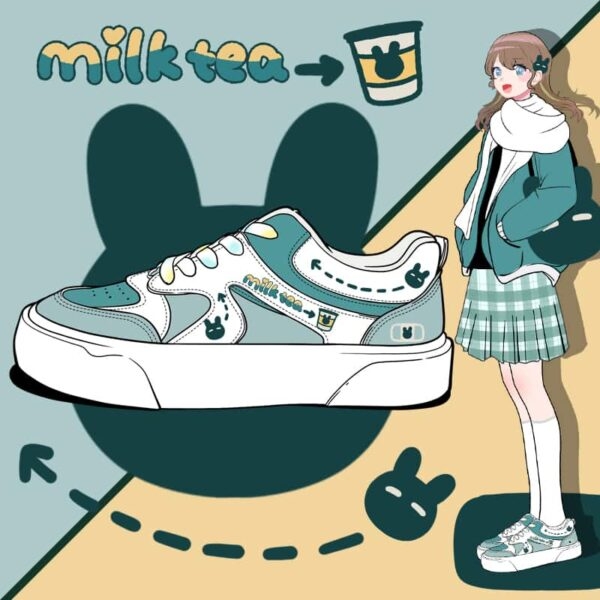 Sapatos de bico redondo colorblock de chá de leite Anime meninas kawaii