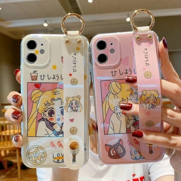 Capa para iPhone com pulseira Kawaii Pink Sailor Moon Capa de telefone de casal kawaii