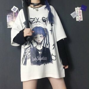 Gotyckie anime z nadrukiem luźne koszulki Anime kawaii
