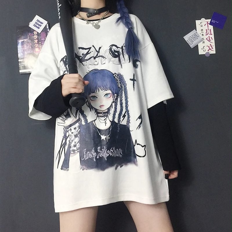 Camisola de manga comprida feminina, anime emo, blusa solta