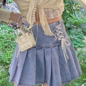 Mini jupe plissée en jean taille haute Kawaii, jupe trapèze kawaii