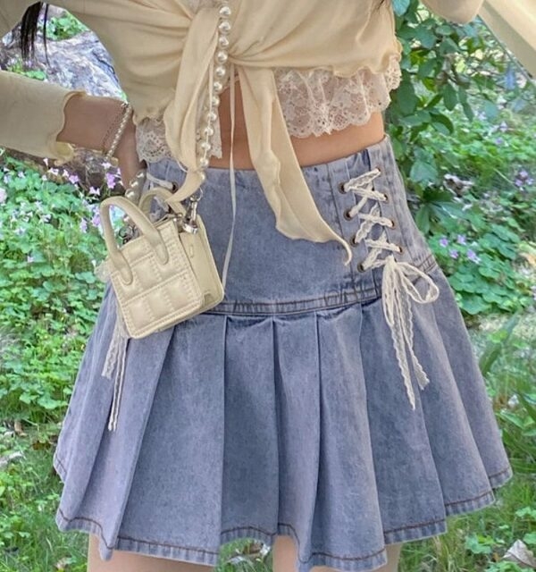 Kawaii High Waist Mini Denim Pleated Skirt - Kawaii Fashion Shop | Cute ...