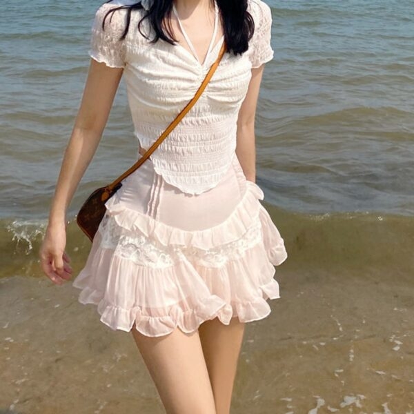 Kawaii Cute Pink Ruffle Mini Skirt A-line Skirt kawaii