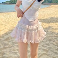 Kawaii Cute Pink Ruffle Mini Skirt A-line Skirt kawaii