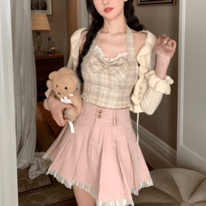 Kawaii Pink Lace Plisserad kjol A-line kjol kawaii