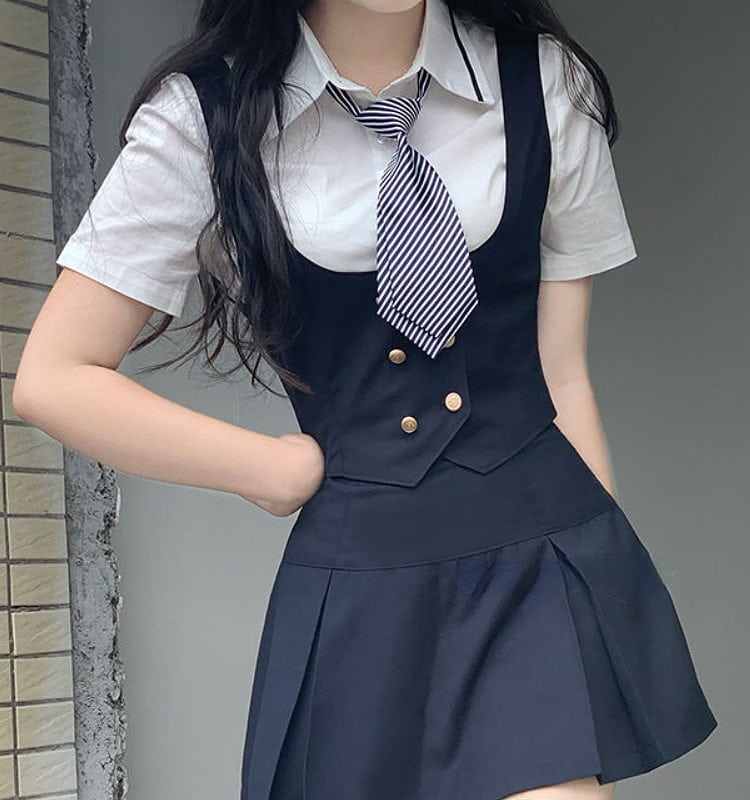 Korean Preppy Style White Schoolgirl Uniform Set With Pleated