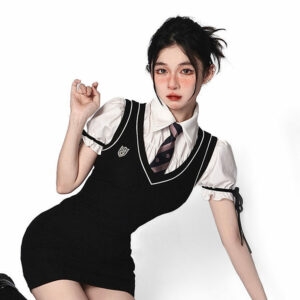 韓国のプレッピースタイルのブラックベストドレス韓国のかわいい