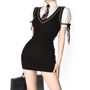 韓国のプレッピースタイルの黒のベストドレス韓国かわいい