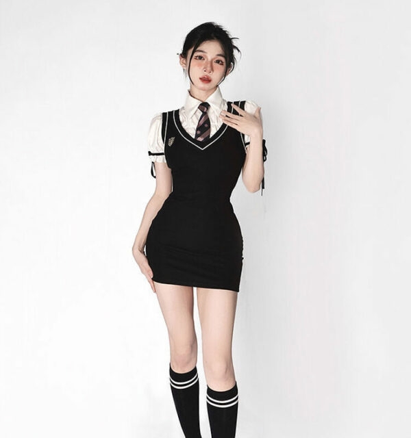 Koreansk Preppy Style svart västklänning Koreansk kawaii
