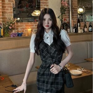 Vestido xadrez slim com retalhos da moda coreana Kawaii coreano