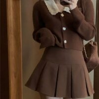 Y2K Vintage brun plisserad kjol Koreansk kawaii