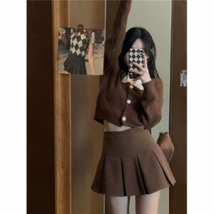 Y2K Vintage Brown Pleated Skirt - Kawaii Fashion Shop | Cute Asian ...