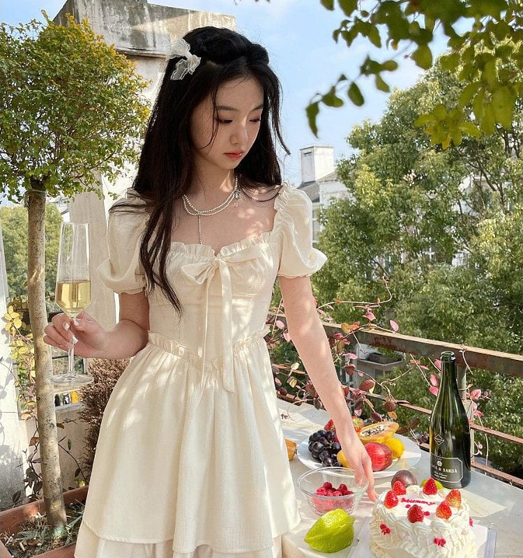 Women Fairy Lolita Dress Long Sleeve Lace Mini Dress Retro Kawaii Sweet  White
