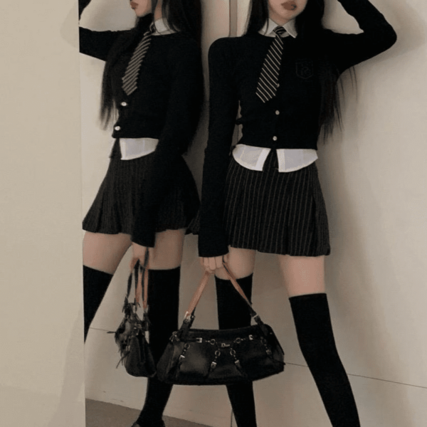 Korean Preppy Style Striped Pleated Skirt 90s kawaii