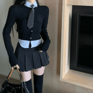 Korean Preppy Style Striped Pleated Skirt 90s kawaii