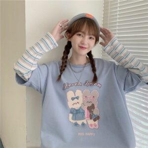 T-shirt a maniche lunghe con stampa di coniglio cartone animato Harajuku Camicia femminile kawaii