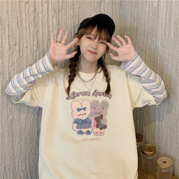 Harajuku Cartoon Konijn Print T-shirt met lange mouwen Vrouwelijk overhemd kawaii
