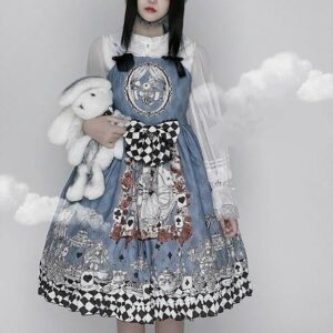 Готическое платье с подтяжками в стиле Лолиты с принтом Алисы, шифоновое платье каваи