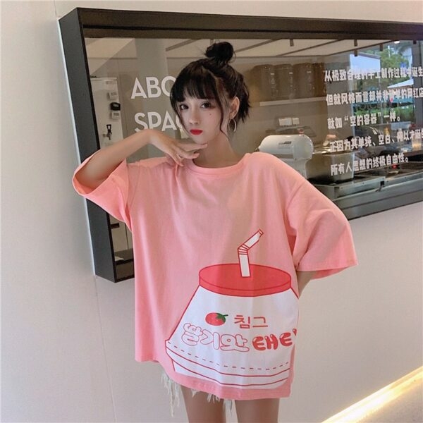 T-shirt Kawaii z nadrukiem mleka truskawkowego Kawaii Harajuku