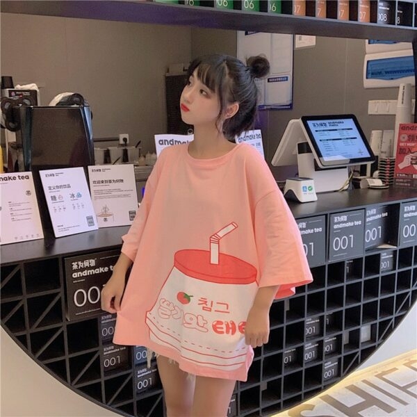 Camiseta Kawaii com estampa de leite e morango Harajuku kawaii