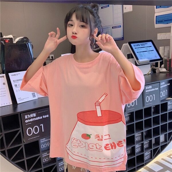 Kawaii T-shirt med jordgubbsmjölktryck Harajuku kawaii