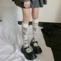 Calcetines largos hasta la rodilla negros Lolita Roses kawaii japonés