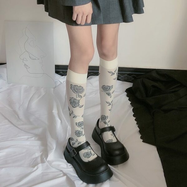 Calzini lunghi al ginocchio neri Lolita Roses Kawaii giapponese
