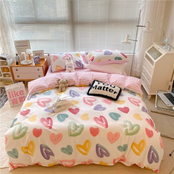 Juego de cama con estampado de corazones de amor colorido Kawaii Juego de cama kawaii