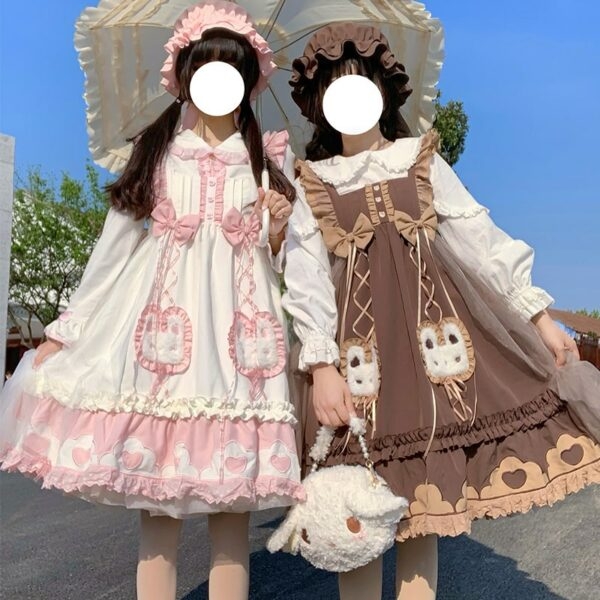 Kawaii Slim Langarm mit Hemd-Lolita-Kleid-Set Schleife kawaii