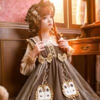 Kawaii Slim Langarm mit Hemd-Lolita-Kleid-Set Schleife kawaii