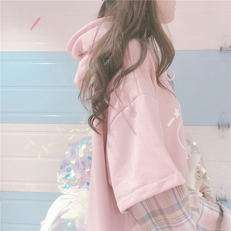 King McGreen Star Wholesale Japanese Harajuku Fake Two Piece Hoodies Women Oft Girl Kawaii Pink Plaid Long Leeve Letter Weatshirt Kpop Cute Clothes,2 Pieces