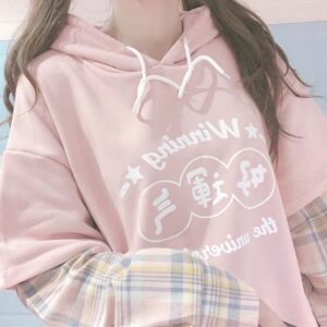 Kawaii Pink Langarm Fake Zweiteiler Kapuzenpullover Süße Kleidung kawaii