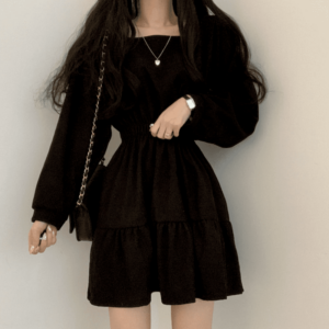 Vintage vierkante kraag mini-jurken met lange mouwen en lange mouwen kawaii