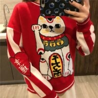 Kawaii Röd Neko Lucky Cat-tröja Harajuku kawaii