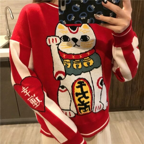 Czerwony sweter Kawaii Neko Lucky Cat Kawaii Harajuku