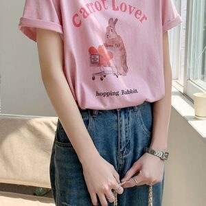 T-shirt imprimé lapin de dessin animé rose Kawaii Dessin animé kawaii
